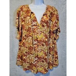 Torrid Coral Peach Floral Flutter Sleeve Blouse 4x V-Neck Flowy Boho Cottagecore